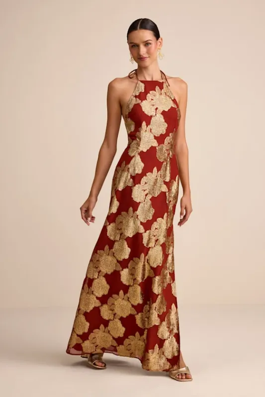 Brinley Rust and Gold Floral Jacquard Halter Maxi Dress sold by Lulus