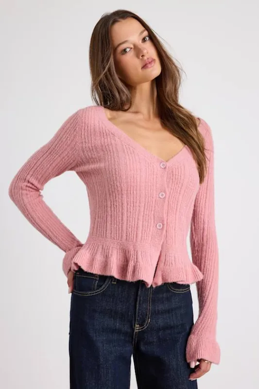 Midge Pink Ribbed Knit Ruffled Cardigan sold by Lulus