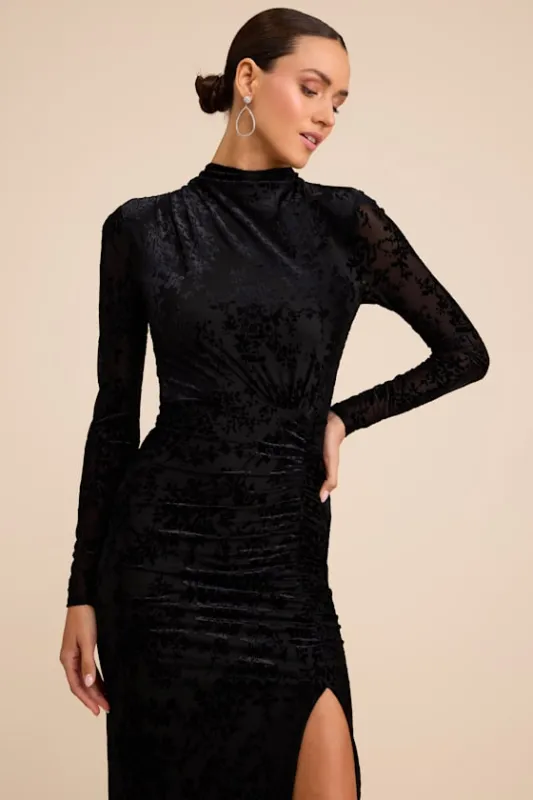 Neilina Black Velvet Jacquard Mock Neck Maxi Dress sold by Lulus
