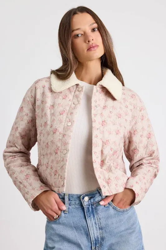 Montera Blush Pink Floral Quilted Barn Jacket sold by Lulus