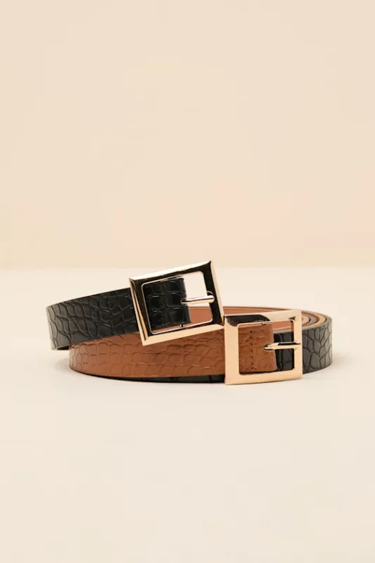 Calais Black and Brown Croc-Embossed Belt Set sold by Lulus