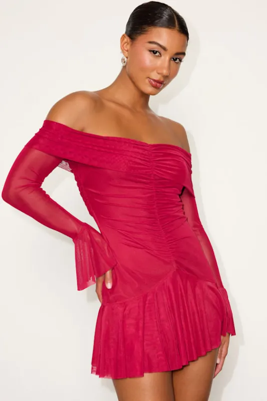 Milith Red Mesh Off-the-Shoulder Mini Dress sold by Lulus