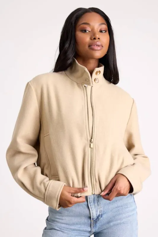 Jinora Light Beige Zip-Front Bomber Jacket sold by Lulus