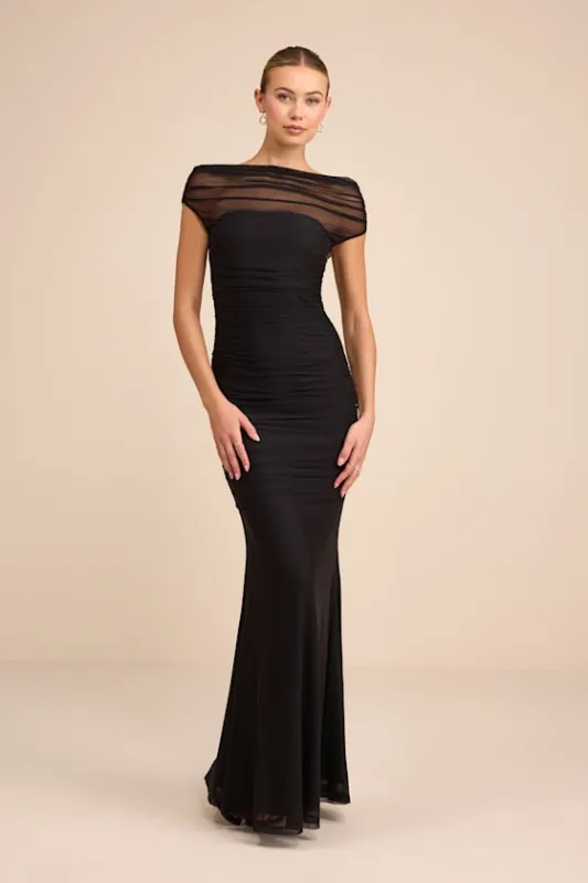Sunama Black Mesh Ruched Mermaid Maxi Dress sold by Lulus