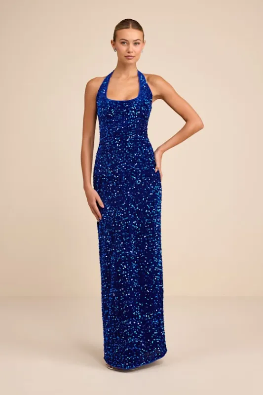 Xylana Royal Blue Velvet Sequin Halter Maxi Dress sold by Lulus