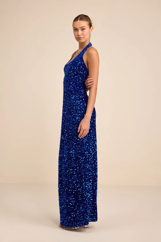 Xylana Royal Blue Velvet Sequin Halter Maxi Dress sold by Lulus product image thumbnail 4
