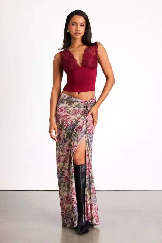 Daria Beige Multi Floral Ruched Maxi Skirt sold by Lulus