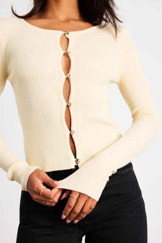 Scalia Cream Ribbed Knit Button-Front Long Sleeve Top made by Lulus
