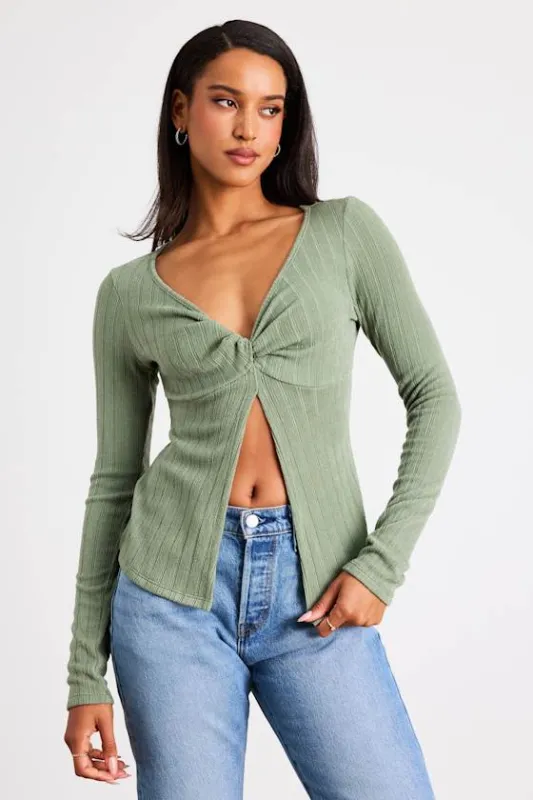 Myron Sage Ribbed Knit Twist-Front Long Sleeve Top made by Lulus