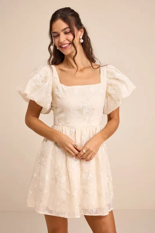 Cathaysa Cream Embroidered Puff Sleeve Bow Mini Dress sold by Lulus