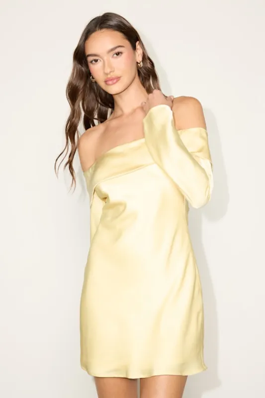 Luxurious Vision Light Yellow Satin Off-the-Shoulder Mini Dress sold by Lulus
