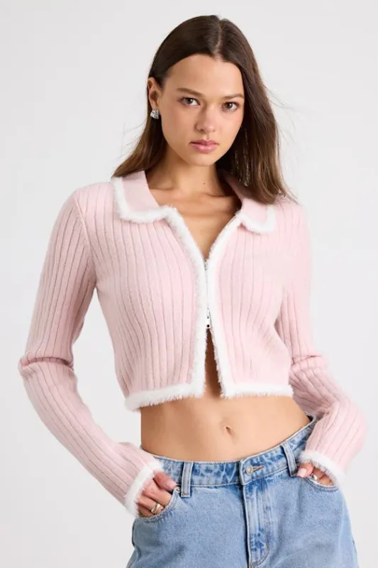 Leyden Light Pink Fuzzy Trim Zip-Front Cropped Cardigan made by Lulus