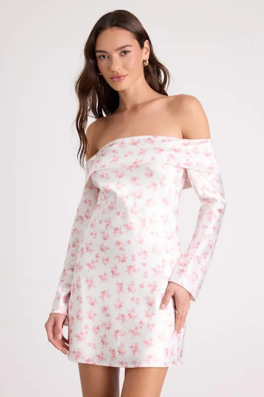 Luxurious Vision White Floral Satin Off-the-Shoulder Mini Dress sold by Lulus