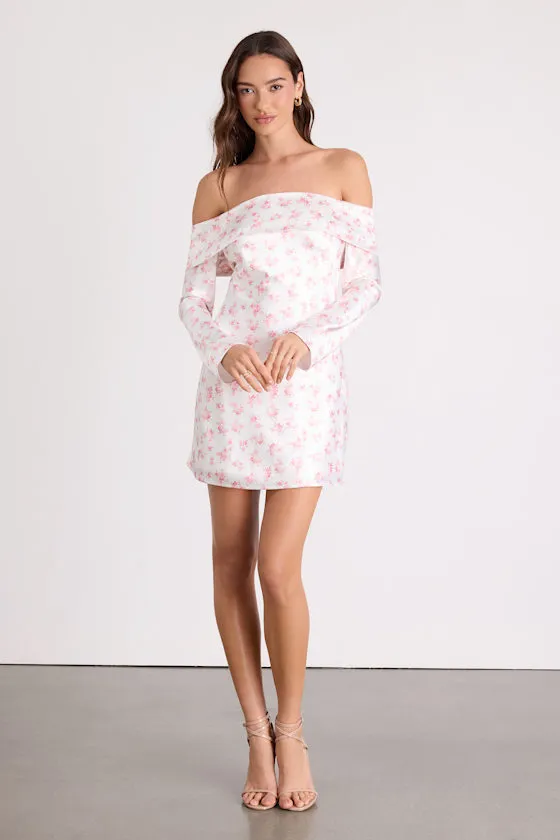 Luxurious Vision White Floral Satin Off-the-Shoulder Mini Dress sold by Lulus product image thumbnail 4