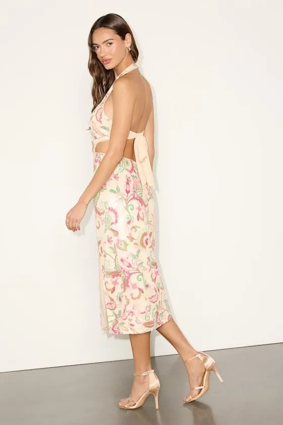 Denaris Cream Multi Floral Sequin Tie-Back Midi Dress sold by Lulus product image thumbnail 3