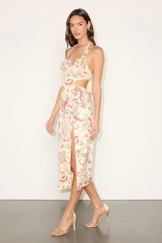 Denaris Cream Multi Floral Sequin Tie-Back Midi Dress sold by Lulus product image thumbnail 4