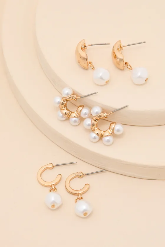 Afina Gold Pearl Three-Piece Earring Set sold by Lulus