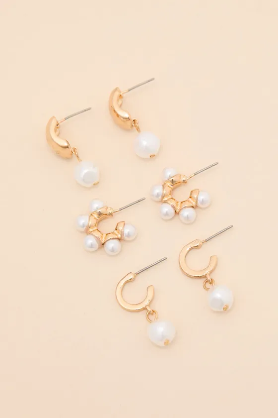 Afina Gold Pearl Three-Piece Earring Set sold by Lulus product image thumbnail 3