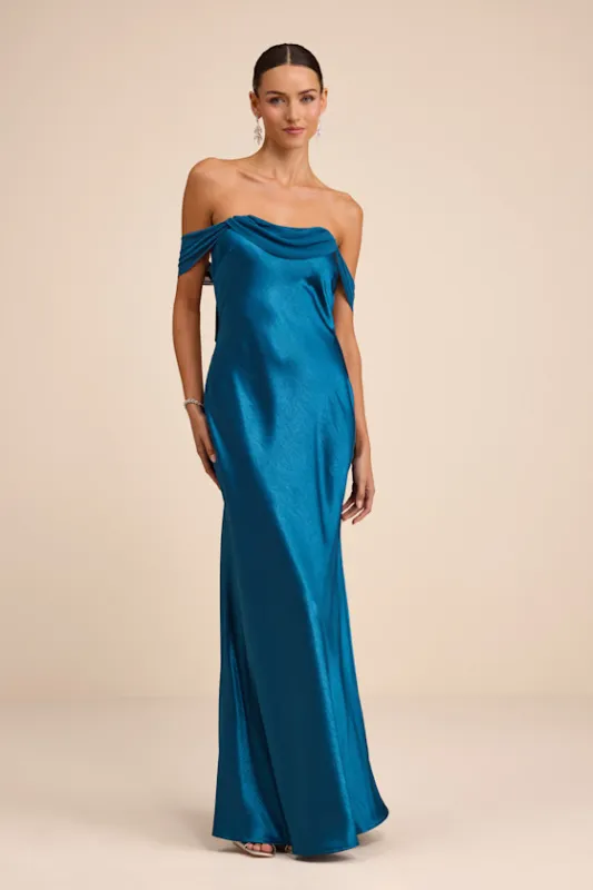 Alaida Teal Blue Satin Off-the-Shoulder Maxi Dress sold by Lulus