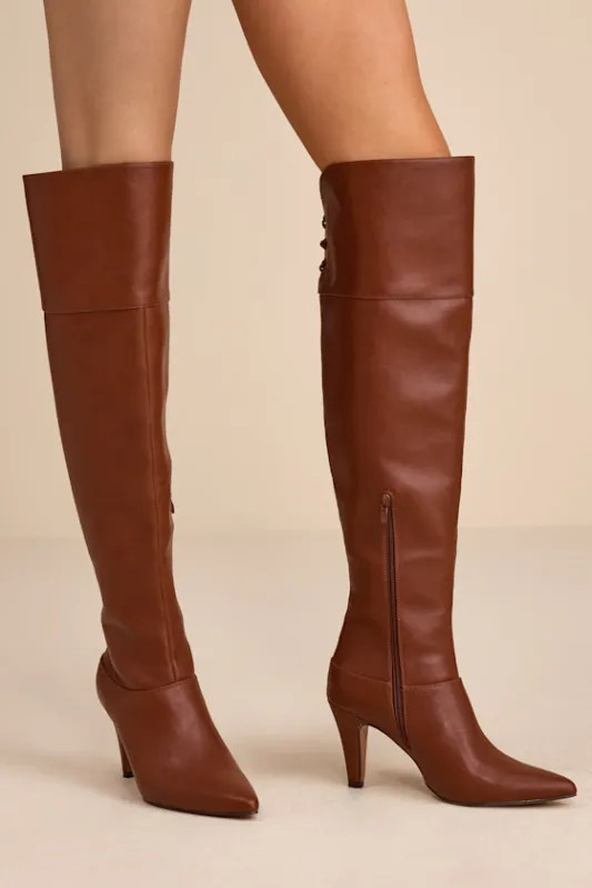 Milee Brown Pointed-Toe Over-the-Knee Boots sold by Lulus