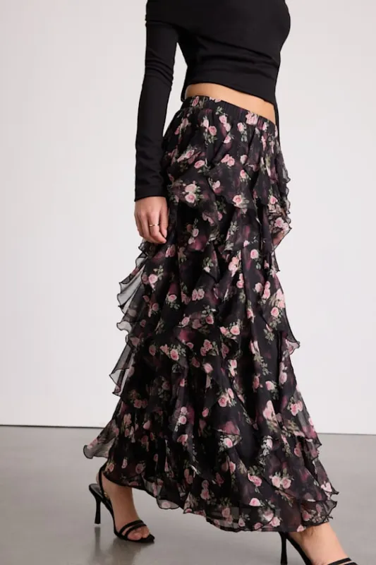 Carion Black Floral Ruffled Maxi Skirt sold by Lulus