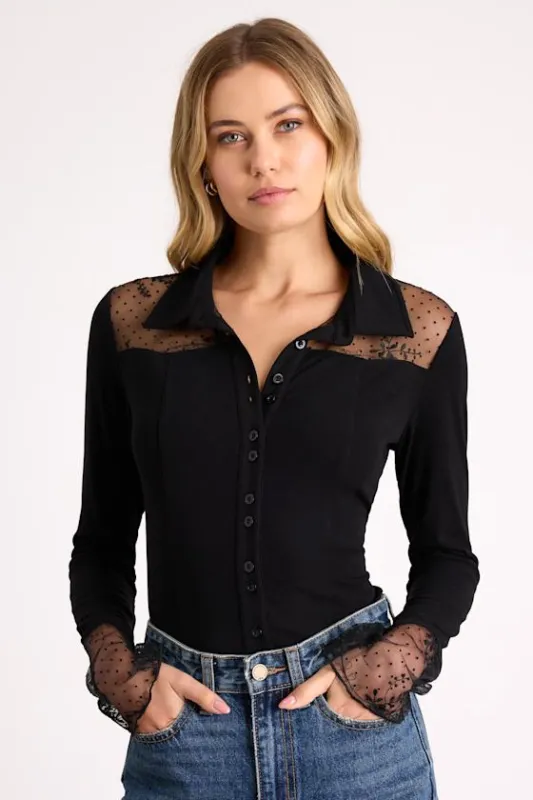 Wynette Black Sheer Embroidered Button-Up Top sold by Lulus