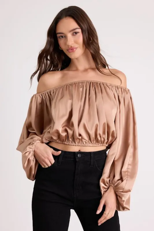 Jordana Tan Satin Off-the-Shoulder Crop Top sold by Lulus