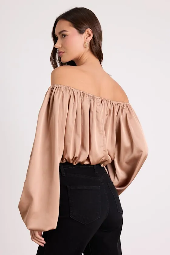 Jordana Tan Satin Off-the-Shoulder Crop Top sold by Lulus product image thumbnail 2