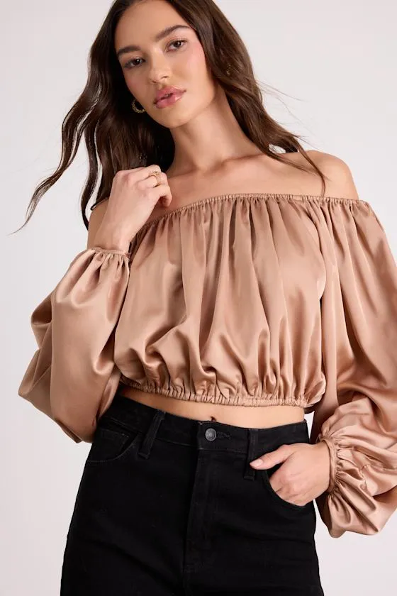 Jordana Tan Satin Off-the-Shoulder Crop Top sold by Lulus product image thumbnail 4