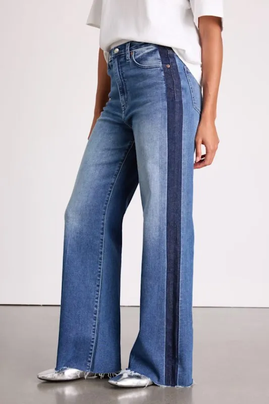 Far Out Medium Wash Striped Raw Hem Wide-Leg Jeans sold by Lulus