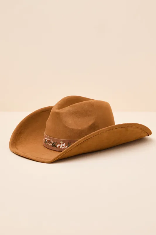 Lycia Brown Suede Embroidered Western Hat sold by Lulus
