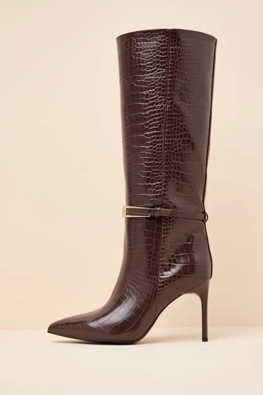 Cadee Brown Croc-Embossed Stiletto Knee-High Buckle Boots sold by Lulus