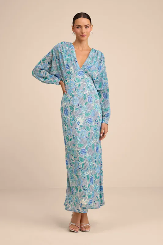 Azalea Blue Multi Floral Long Sleeve Midi Dress sold by Lulus