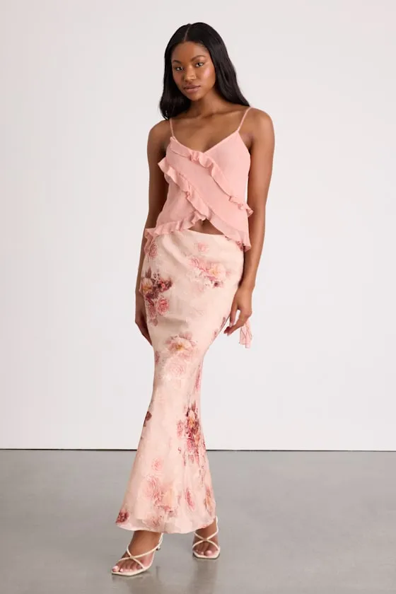 Adara Blush Floral Jacquard Slip Maxi Skirt sold by Lulus