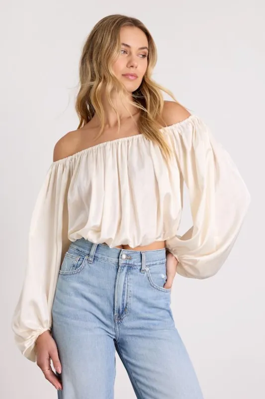 Jordana Ivory Satin Off-the-Shoulder Crop Top sold by Lulus