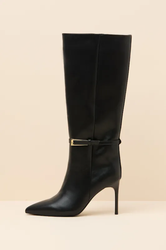 Cadee Black Stiletto Knee-High Buckle Boots sold by Lulus
