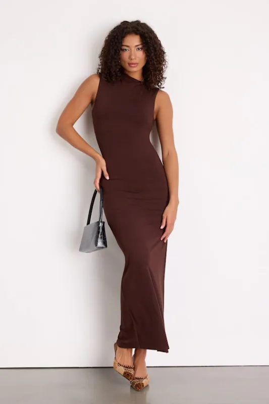 Anca Brown Sleeveless Mock Neck Bodycon Maxi Dress sold by Lulus