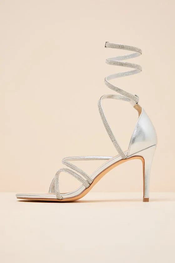 Georgie Silver Rhinestone Ankle Wrap High Heel Sandals sold by Lulus