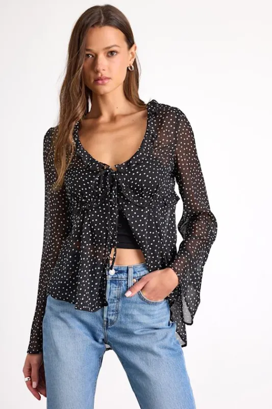 Laelia Black Polka Dot Sheer Tie-Front Long Sleeve Top sold by Lulus