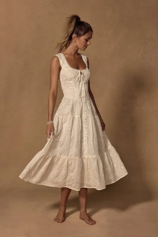 Antionette Cream Embroidered Sequin Button-Front Midi Dress sold by Lulus