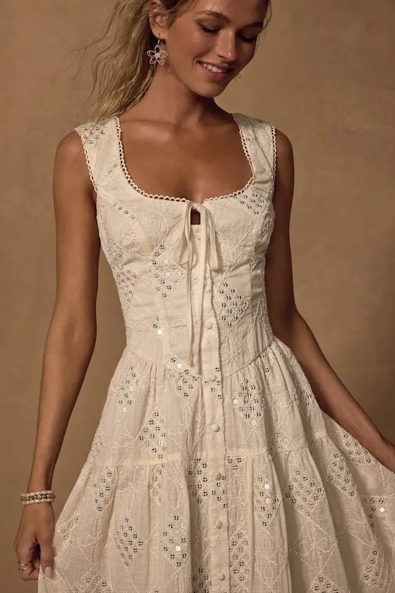 Antionette Cream Embroidered Sequin Button-Front Midi Dress sold by Lulus product image thumbnail 2