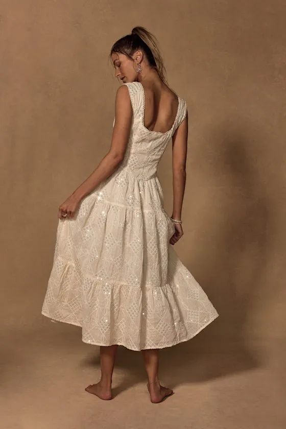 Antionette Cream Embroidered Sequin Button-Front Midi Dress sold by Lulus product image thumbnail 4