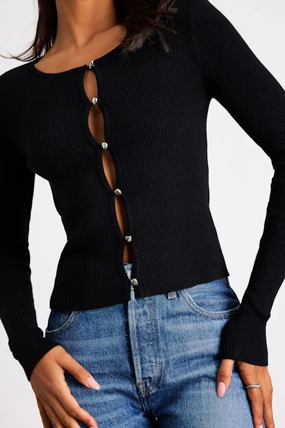 Scalia Black Ribbed Knit Button-Front Long Sleeve Top sold by Lulus product image thumbnail 2