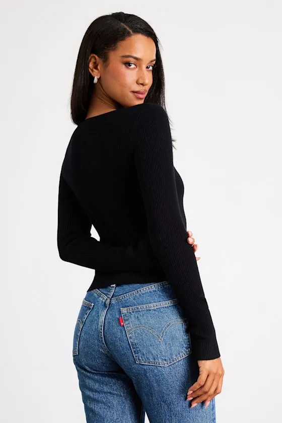 Scalia Black Ribbed Knit Button-Front Long Sleeve Top sold by Lulus product image thumbnail 3
