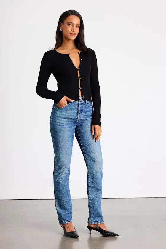 Scalia Black Ribbed Knit Button-Front Long Sleeve Top sold by Lulus product image thumbnail 4