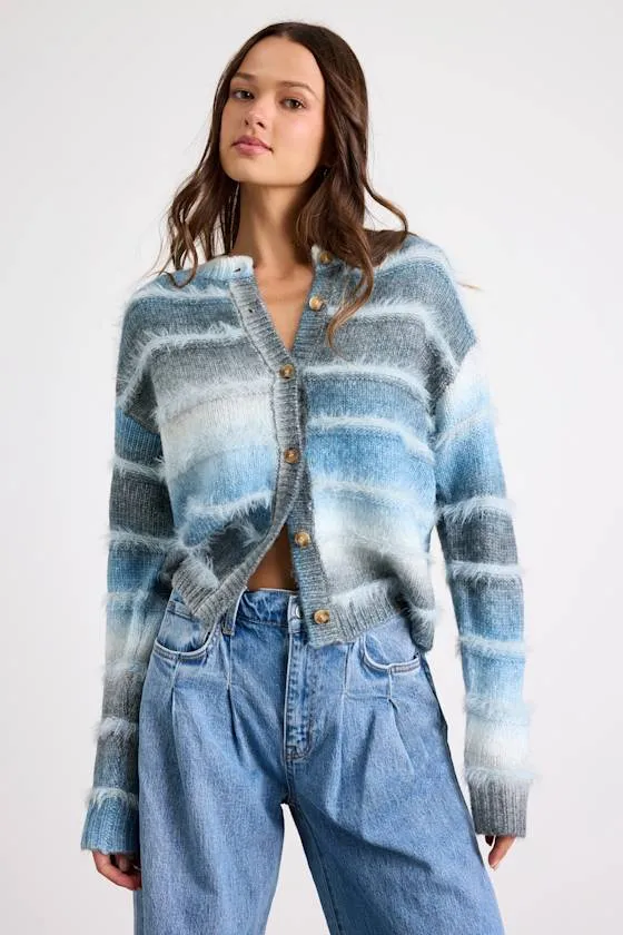 Benaiah Blue and Grey Ombre Marled Fuzzy Knit Cardigan sold by Lulus