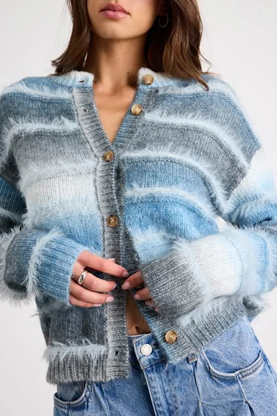 Benaiah Blue and Grey Ombre Marled Fuzzy Knit Cardigan sold by Lulus product image thumbnail 4