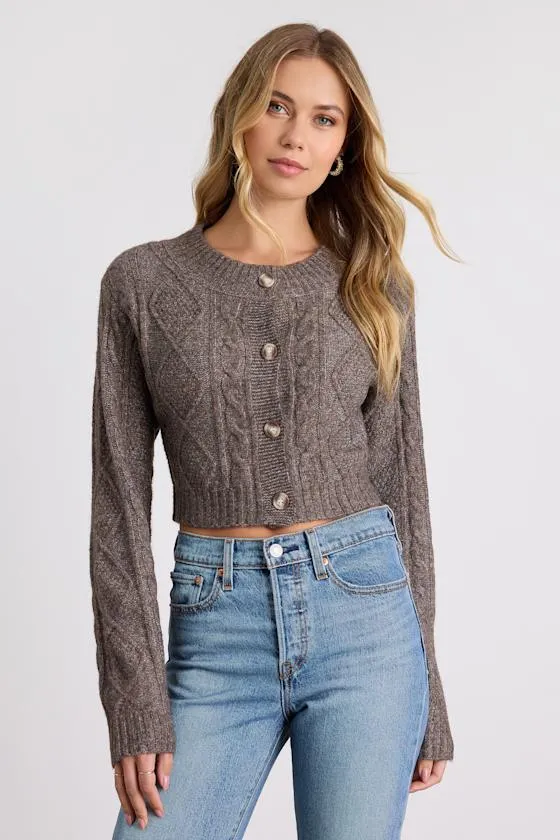 Kaia Brown Marled Cable Knit Cropped Cardigan sold by Lulus