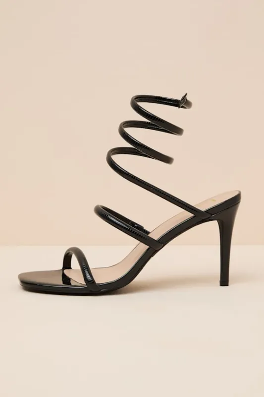 Gerogette Black Patent High Heel Ankle Wrap Sandals sold by Lulus