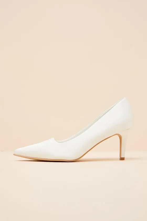Salone White Satin Jacquard Pointed-Toe Pumps sold by Lulus